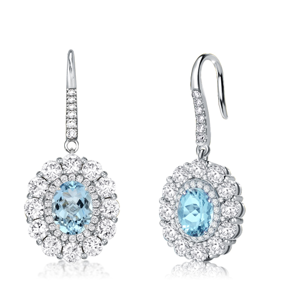 

Halo Oval Cut Aquamarine Drop Earrings For Women, White