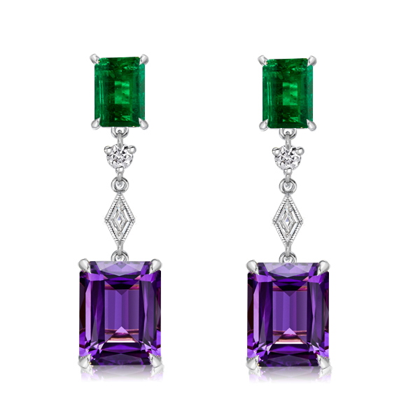 

Emerald Cut Amethyst Drop Earrings For Women, White