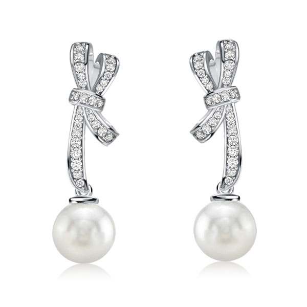 

Bow Sterling Silver Pearl Drop Earrings For Women, White