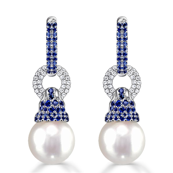 

Italo Created Blue Sapphire Pearl Drop Earrings For Women, White