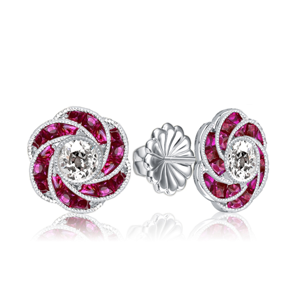 

Italo Art Deco Floral Round Sapphire Stud Earrings For Women, White