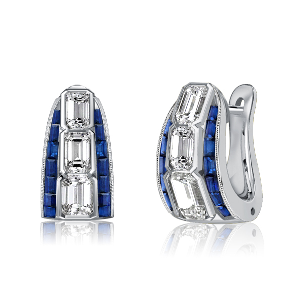 

Emerald Cut White & Blue Sapphire Hoop Earrings Vintage