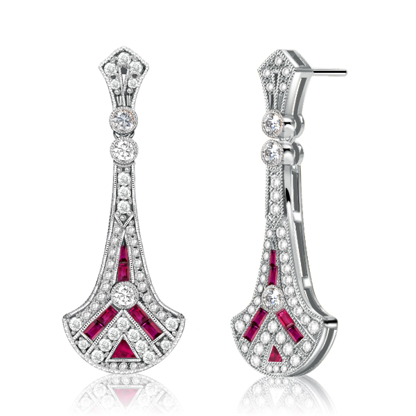 

Art Deco Milgrain Ruby Baguette Silver Drop Earrings For Women, White