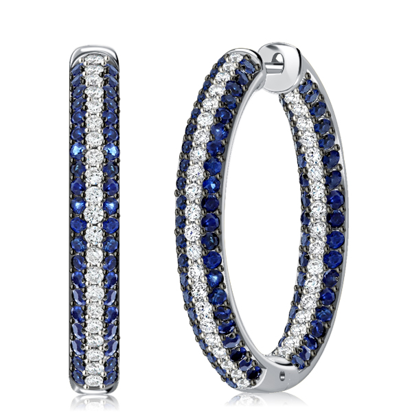 

Triple Row Blue & White Round Oval-shaped Silver Hoop Earrings