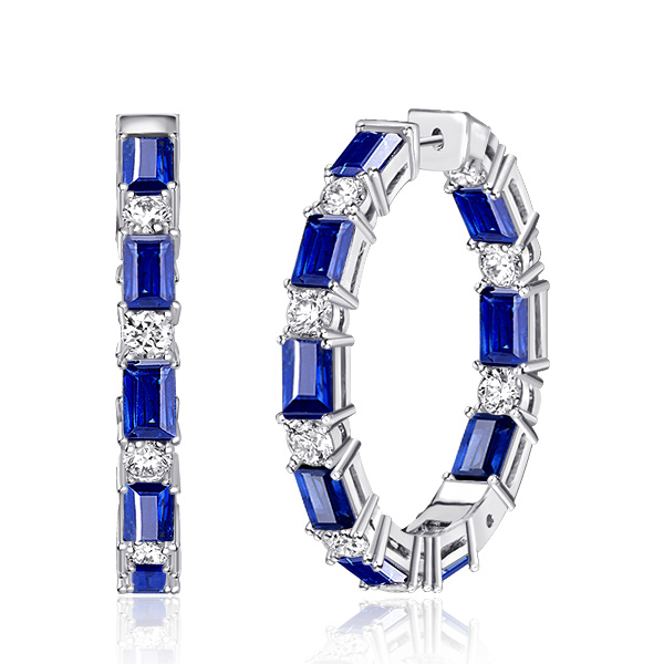 

Italo Emerald Cut Blue Sapphire Hoop Earrings For Women Sliver, White