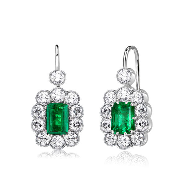 

Art Deco Emerald Cut Cluster Emerald Drop Earrings In Silver, White