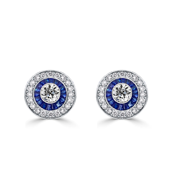 

Italo Antique Blue Sapphire Vintage Earrings Halo Stud Earrings, White