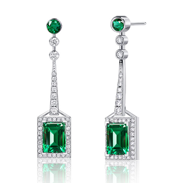 

Emerald Cut Rectangle Emerald Drop Earrings In Sterling Silver, White