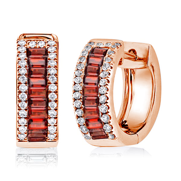 

Rose Gold Baguette Cut Triple Row Created Garnet Hoop Earrings, White