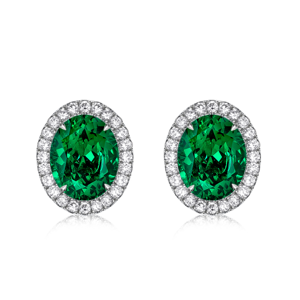 

Italo Oval Green Emerald Stud Earrings In Sterling Silver, White