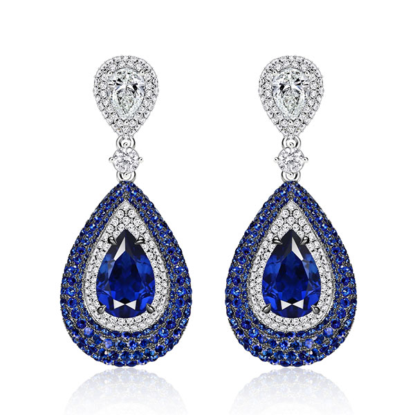 

Italo Pave Setting Pear Blue Sapphire Drop Earrings Vintage, White
