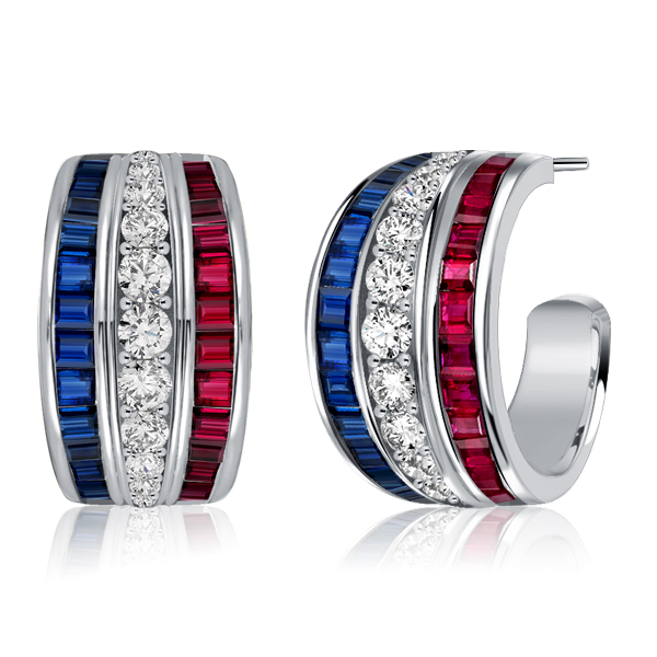 

Italo Triple Row Blue Sapphire Ruby Hoop Earring For Women, White