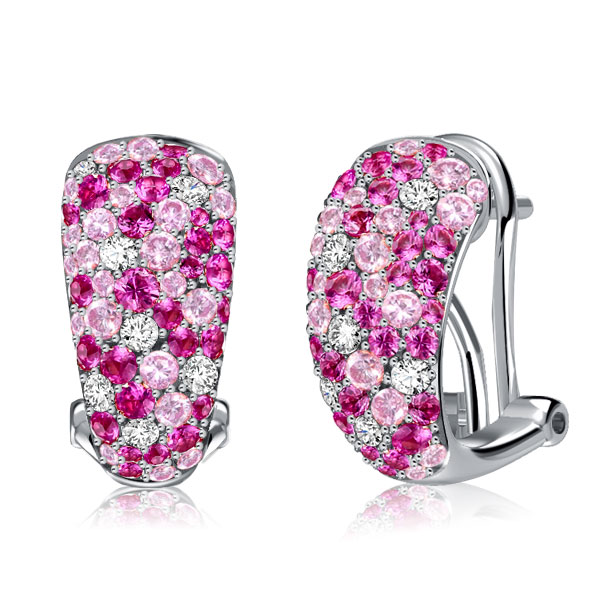 

Italo Micro Pave Pink Stone Silver Hoop Earrings For Women, White