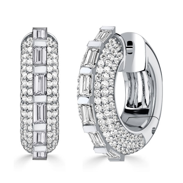 

Italo Bar and Pave Setting Silver Hoop Earrings For Women, White