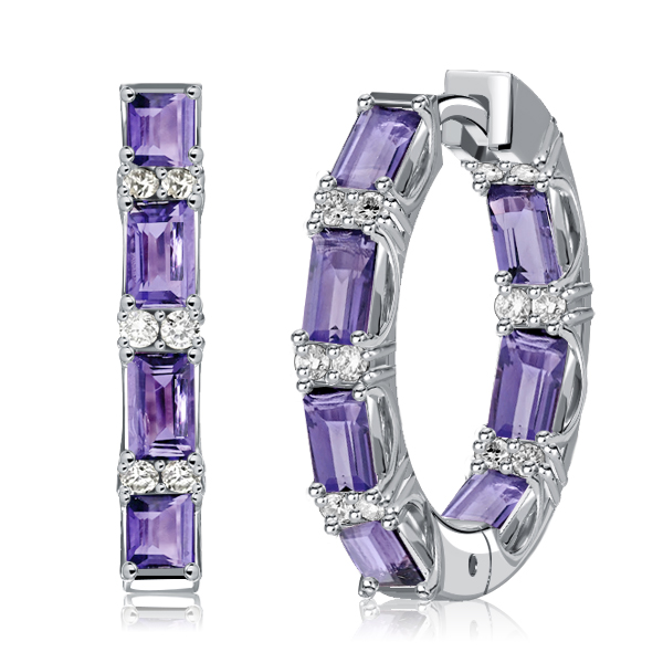 

Italo Baguette Cut Amethyst Silver Hoop Earrings, White