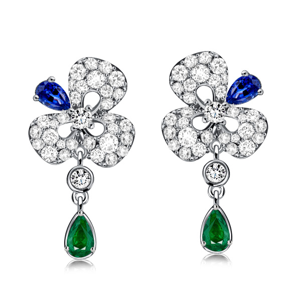 

Italo Paved Emerald Sapphire Pear Shaped Drop Earrings, White