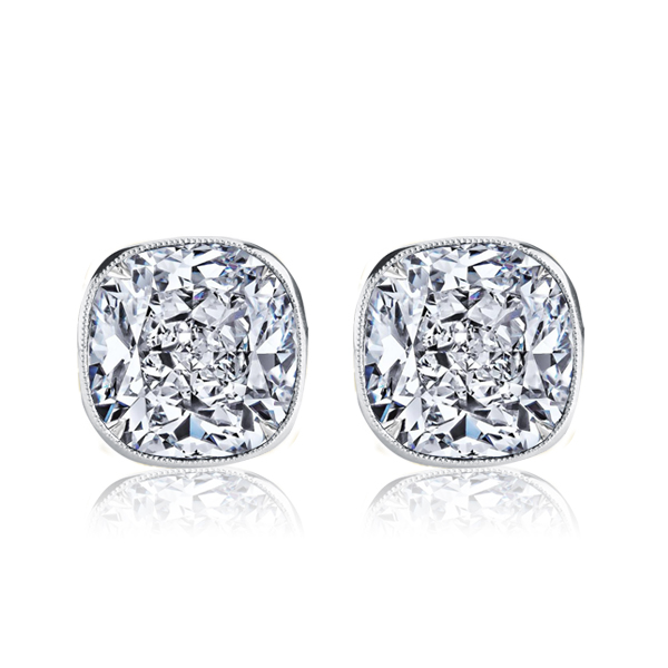 Italo Milgrain Bezel White Sapphire Cushion Cut Stud Earrings