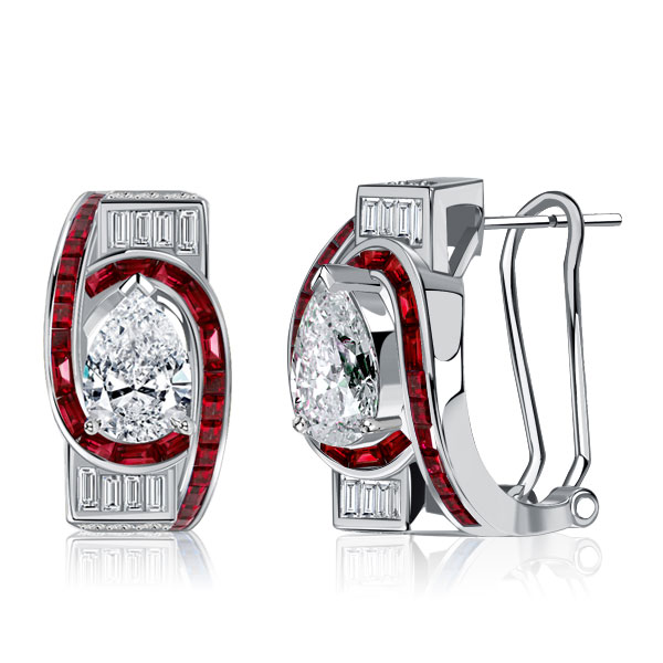 

Italo Art Deco Pear Shaped Ruby Sterling Silver Hoop Earrings, White