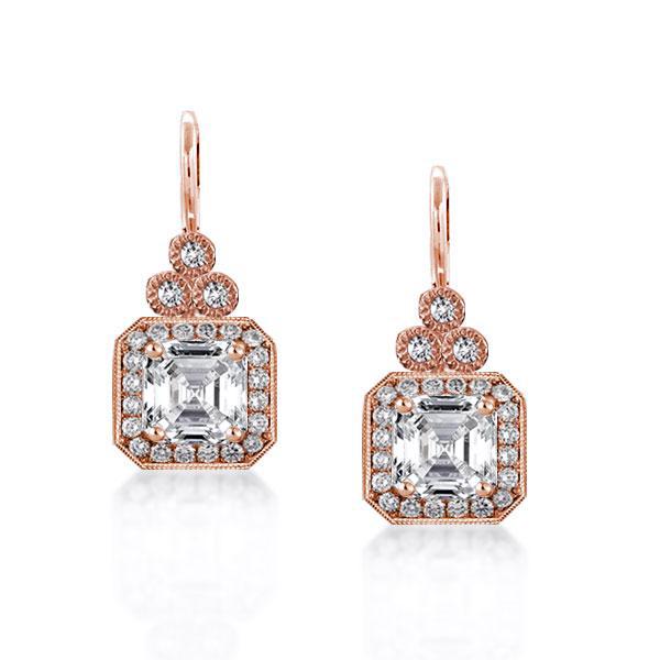 

Halo Asscher Cut Drop Rose Gold Earrings, White