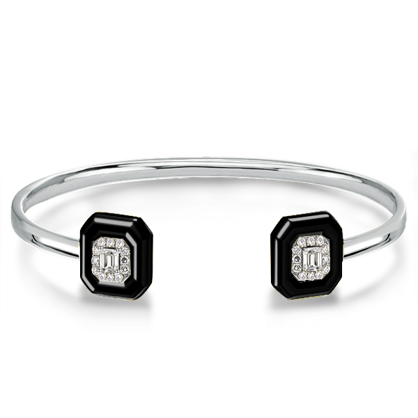

Two Tone Halo Emerald Cut White Sapphire Bangle Bracelet