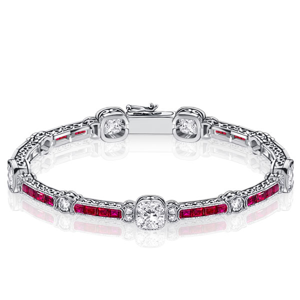 

Italo Milgrain Ruby & White Cushion Tennis Bracelet For Women