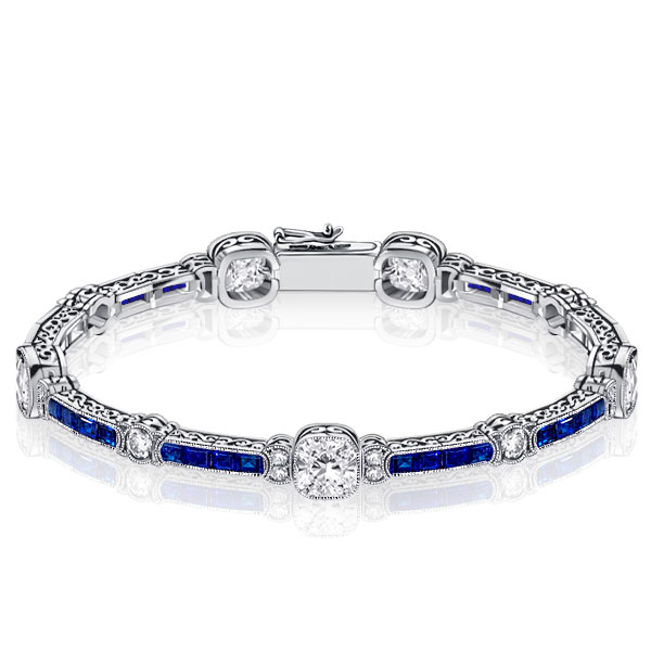 

Milgrain Cushion White & Blue Sapphire Tennis Bracelet In Silver With Filigree