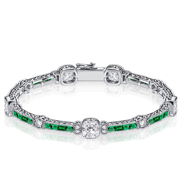 

Milgrain White & Emerald Tennis Bracelet In Sterling Silver