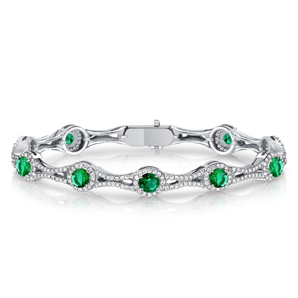 

Italo Halo Round Cut Emerald Green Bracelet In Sterling Silver, White