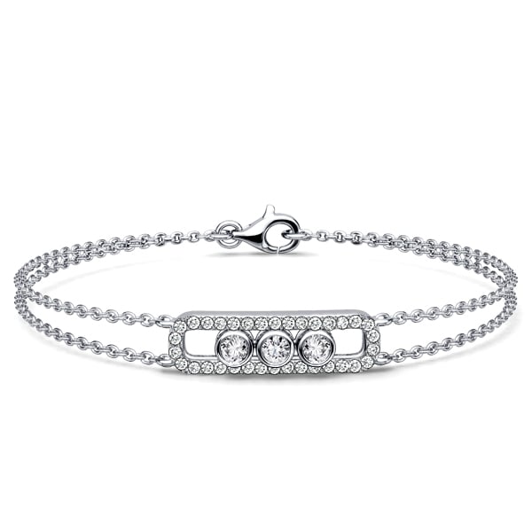 

Italo Bezel Set Three Stone Decorated Double Chain Bracelet For Women, White