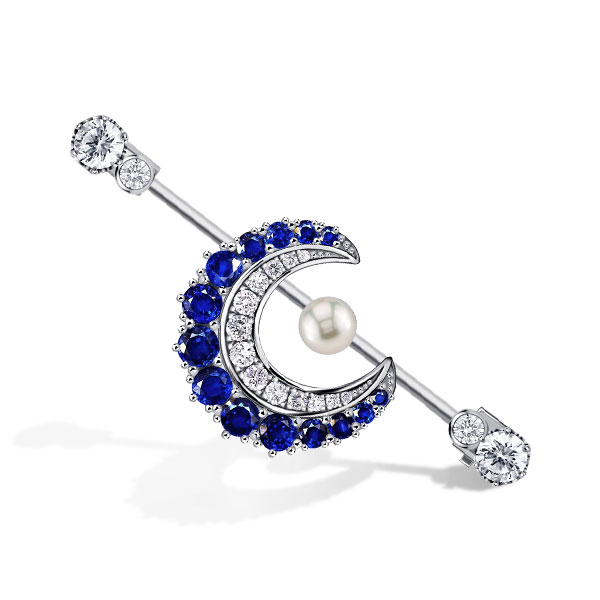 

Italo Pearl & Blue Sapphire Crescent Brooch Celestial Brooch, White