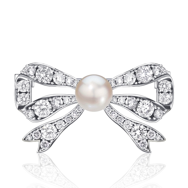 

Italo Pearl & White Sapphire Bow Brooch In Sterling Silver