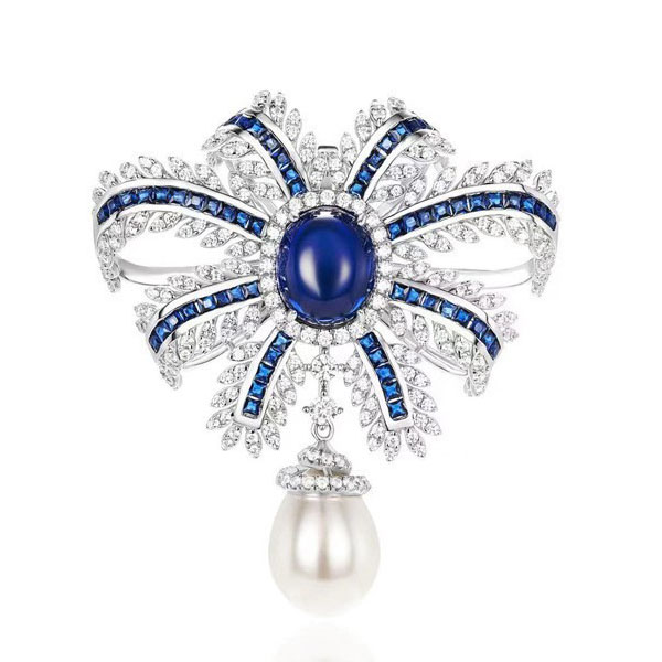 

Italo Bow Design Oval Cut Blue Sapphire Vintage Brooch For Women, White