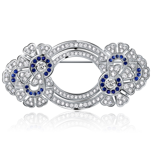 Italo Double Circle Round Cut White & Blue Sapphire Vintage Brooch For Women