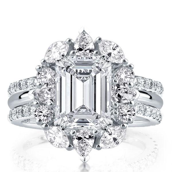 

Halo Double Prong Emerald Cut 3PC Wedding Set For Women, White
