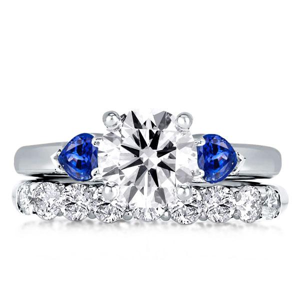 

Three Stone Created Sapphire Round & Pear Cut Bridal Set, White