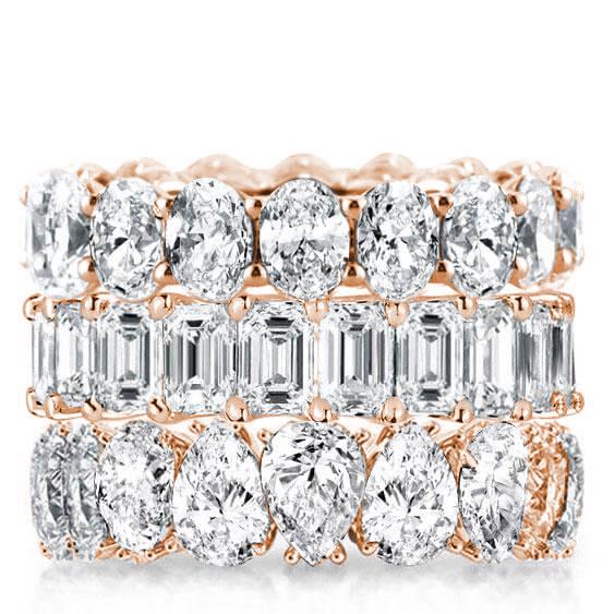 

Rose Gold Triple Row Oval & Emerald & Pear Stackable Band Set, White