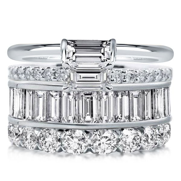 

Four Row Baguette & Emerald & Round Cut Stackable Band Set, White