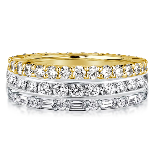 

Two Tone Eternity Round & Baguette Cut Stackable Band Set, White