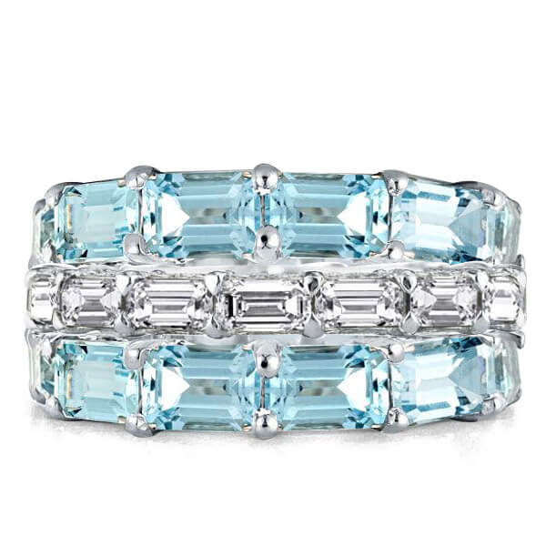 

Eternity Triple Row Emerald & Baguette Cut Aquamarine Bands Set, White