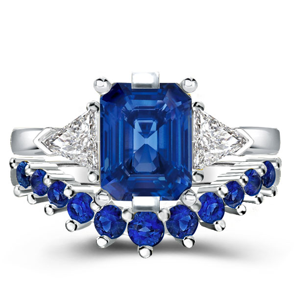 

Three Stone Emerald Created Sapphire Bridal Set, White