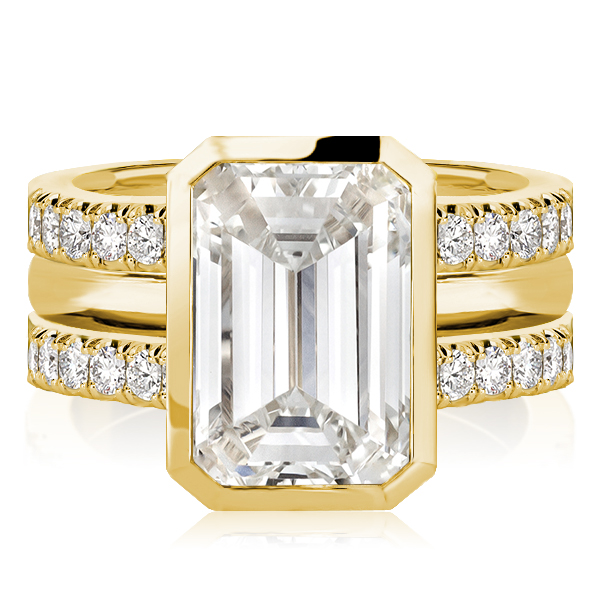 

Golden Bezel Setting Emerald Cut 3PC Wedding Ring Set, White
