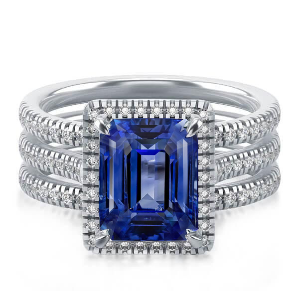 

Italo Classic Halo Emerald Cut Blue Sapphire 3PC Wedding Set, White