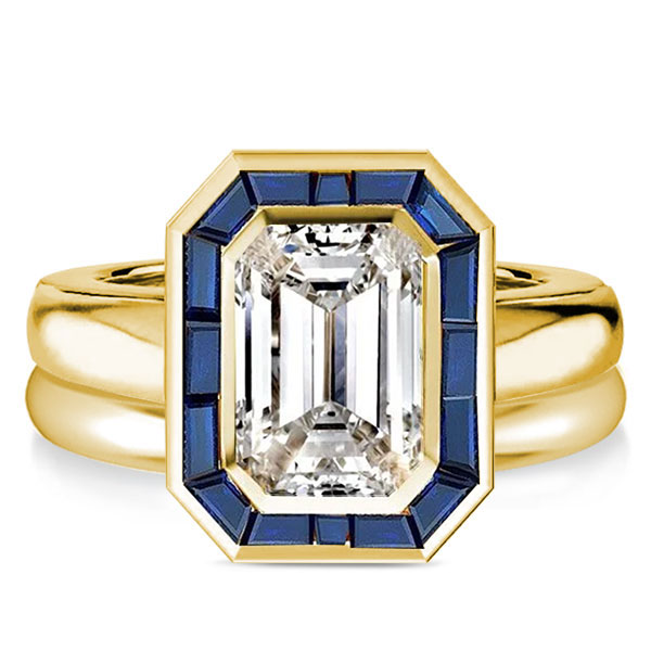 

Golden Halo Emerald Cut Engagement Rings Sets Bridal Set, White