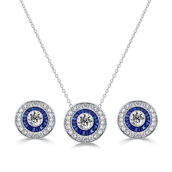 

Italo Blue Sapphire Vintage Halo Necklace & Earrings Set, White