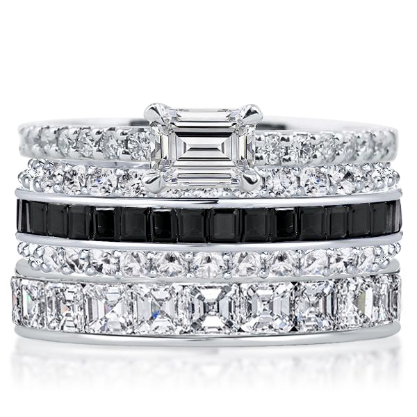 

Italo Emerald & Asscher & Baguette Black Stackable Band Set, White