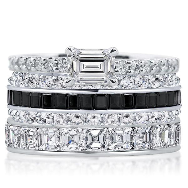 

Italo Emerald & Asscher & Baguette Black Stackable Band Set, White