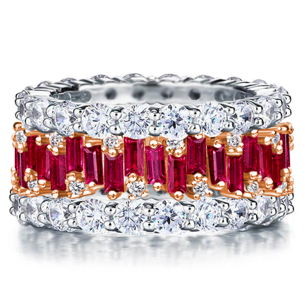 

Two Tone Round & Baguette Eternity Ruby Stackable Band Set, White