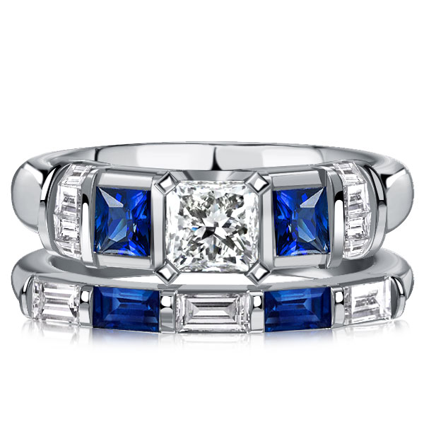 

Italo Princess Cut Blue Sapphire Bridal Set Wedding Rings, White