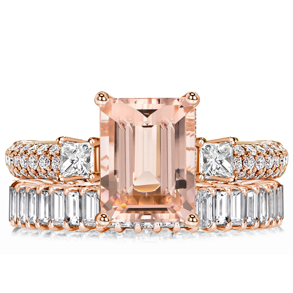 

Italo Rose Gold Morganite Emerald Cut Wedding Rings Bridal Set, White