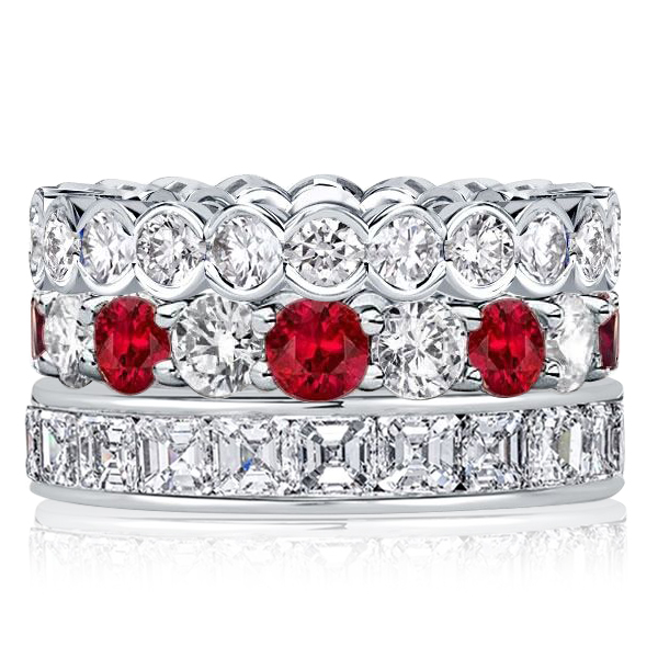 

Italo Round & Asscher Cut White & Garnet Stackable Band Set